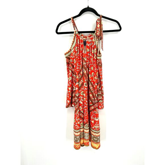 HALE BOB Red Beige Floral Cold Shoulder Wide Sleeve Halter Jersey Shift Dress XS - Picture 1 of 6